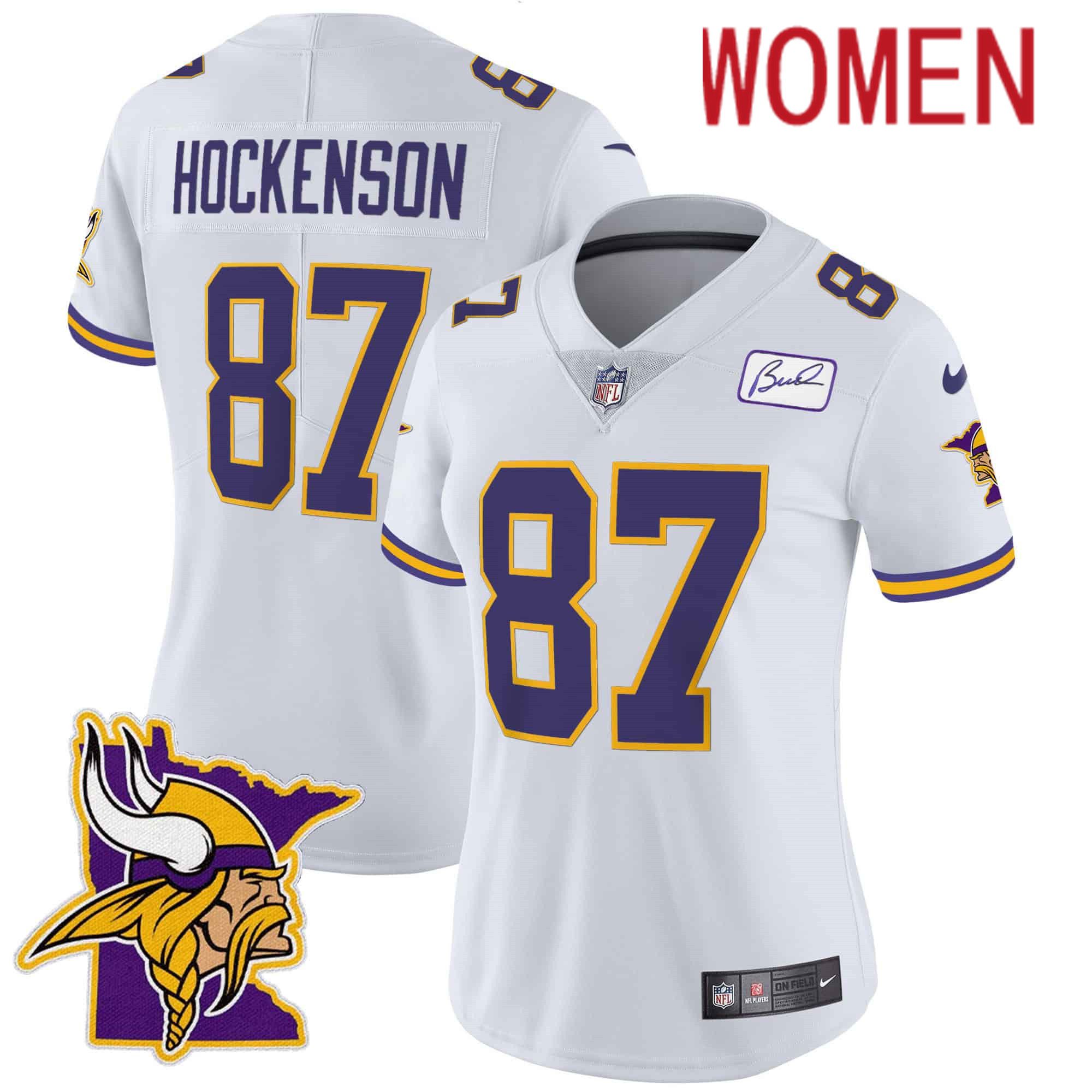 Women Minnesota Vikings #87 Hockenson White 2024 Nike Patch Classic Limited NFL Jersey